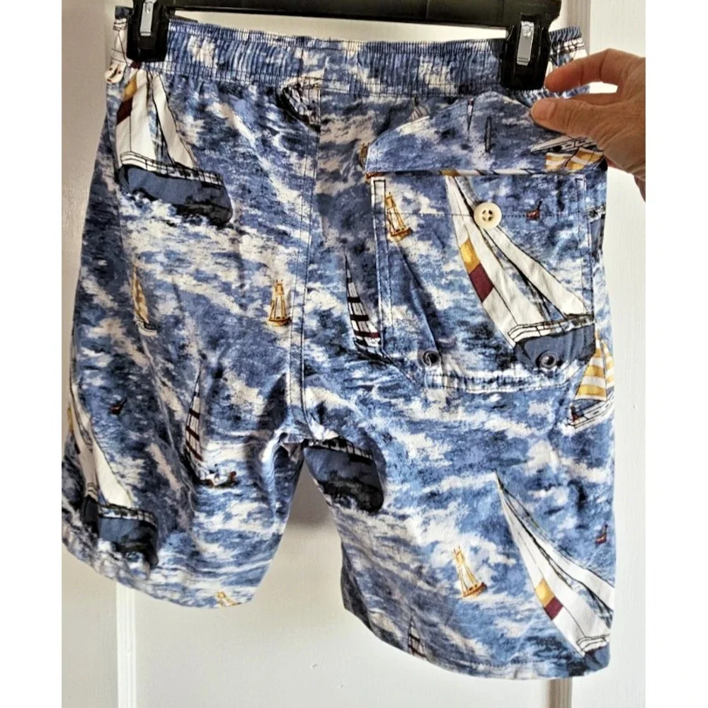 J Crew men Sz XS swim trunks‎ tie waist pockets sailboats NEW